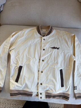 Cream Jean-Style Jacket with Brown Trim
